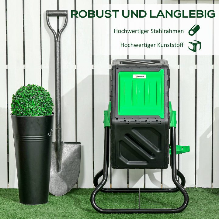 Kompostbeholder, 65 liter kompostbeholder, roterbar, kompakt, 24 ventilationshuller, stål, plastik, grøn+sort