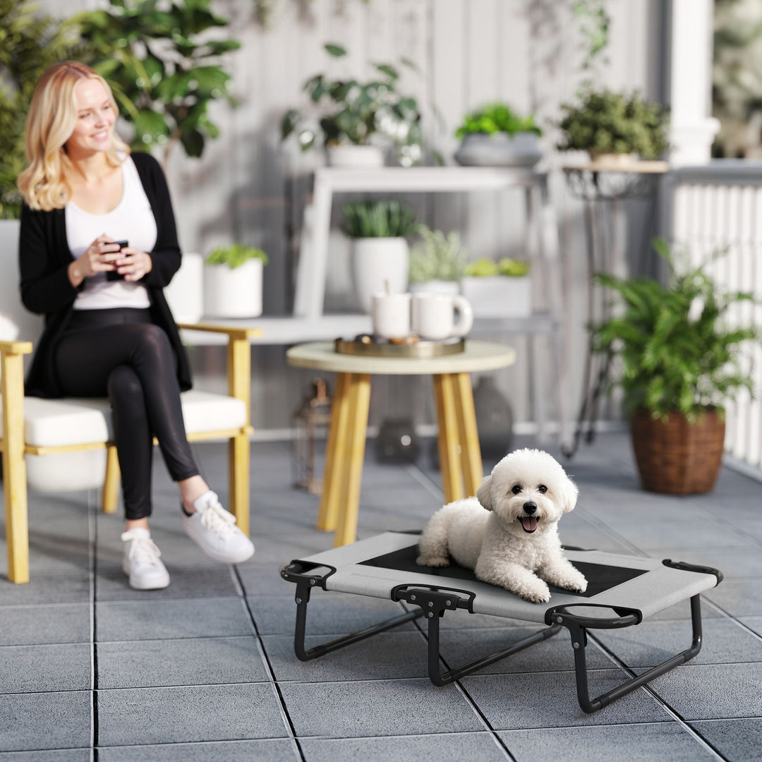 Hævet, foldbar hundeseng, udendørs hundeseng med netdesign, lysegråt Oxford-stof, 75 x 51 x 18 cm