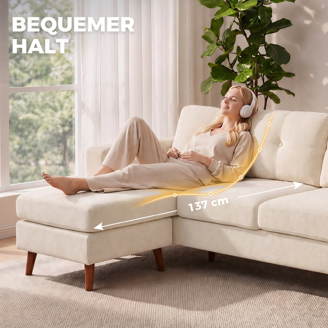 Hjørnesofa 192 cm L-formet 3-personers sofa med vendbar chaiselong, corduroy-look, til små rum, cremehvid