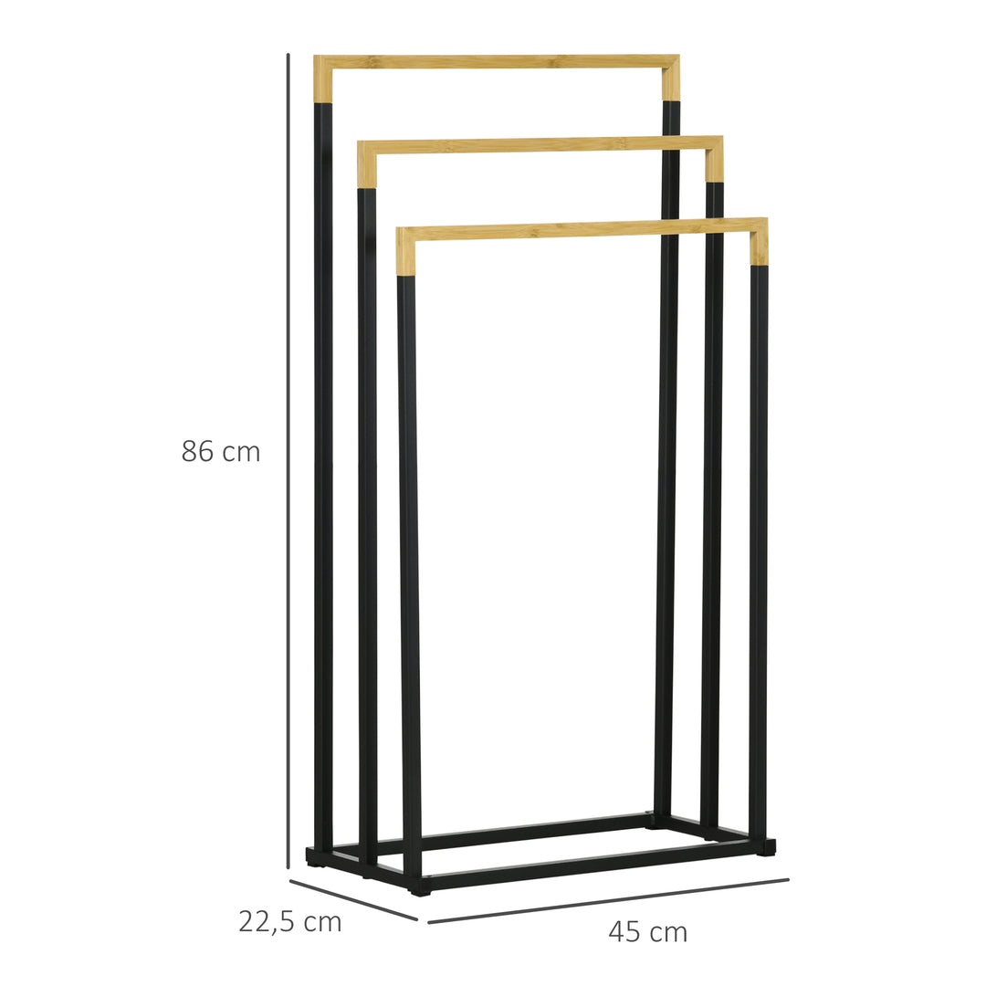 Kleankin håndklædeholder håndklædeholdersæt med 3 håndklædestænger, industrielt design, bambus, 45 x 22,5 x 86 cm, sort + naturlig