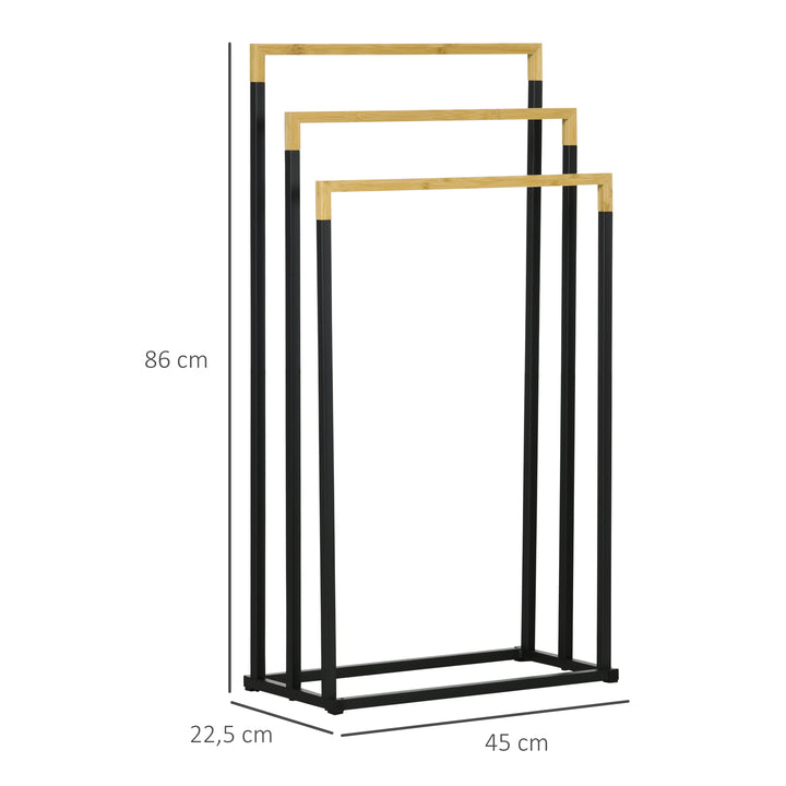 Kleankin håndklædeholder håndklædeholdersæt med 3 håndklædestænger, industrielt design, bambus, 45 x 22,5 x 86 cm, sort + naturlig