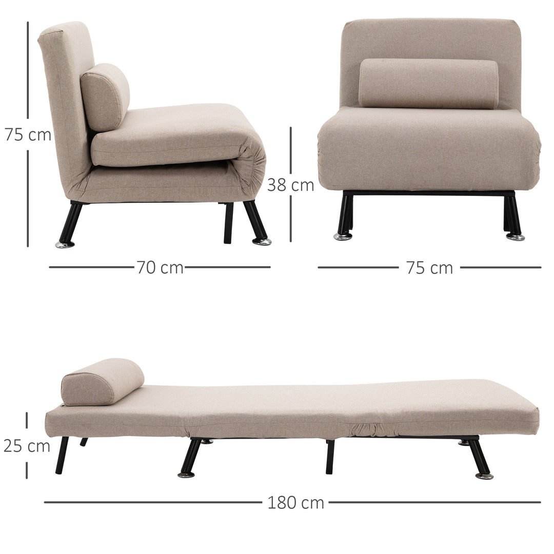 Klapstol med sengefunktion, foldbar afslapningsstol i linnedlook, justerbar ryglæn, 75 x 70 x 75 cm, beige