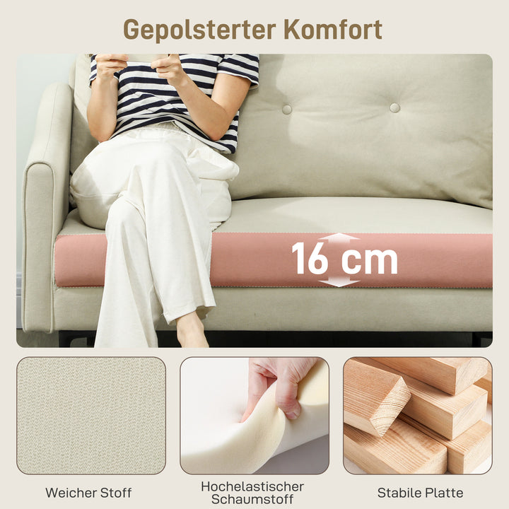2-personers sofa med skumpolstring og stofbetræk, til stue, soveværelse, metalstel, cremehvid