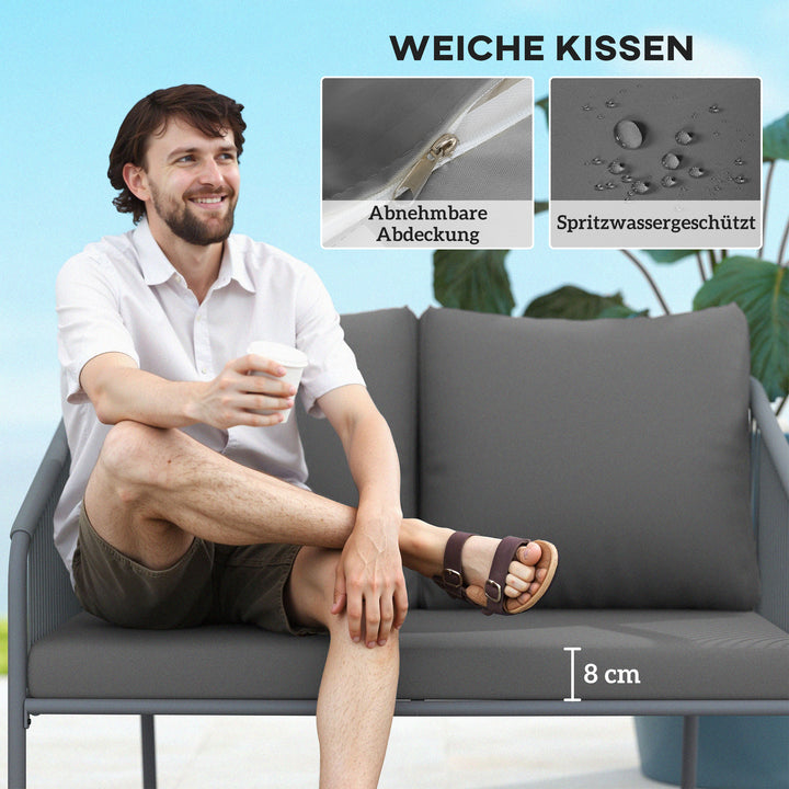 Havesofa med hynder, 2-personers rattansofa, loungesofa, udendørs balkonsofa, 112 x 72 x 76 cm, grå