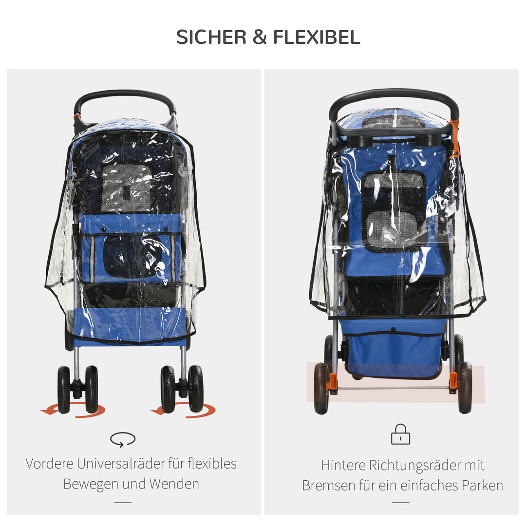 Hundevogn op til 10 kg sammenklappelig regnslag bundkurv 2 kopholdere 75 cm x 45 cm x 97 cm, blå