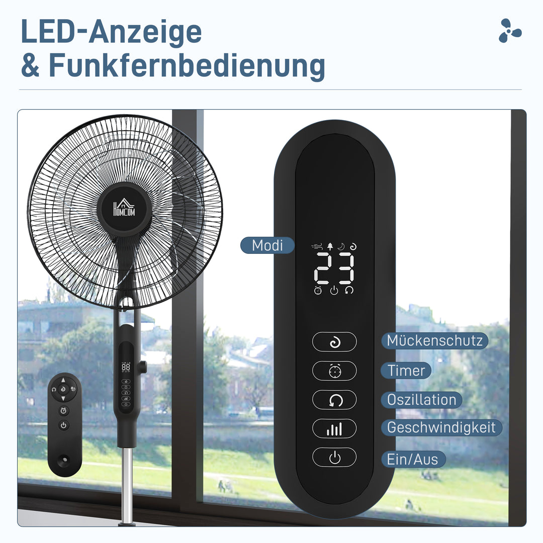 Stille piedestalventilator med fjernbetjening, 3 tilstande, 28 hastigheder, myggenet og oscillation, sort