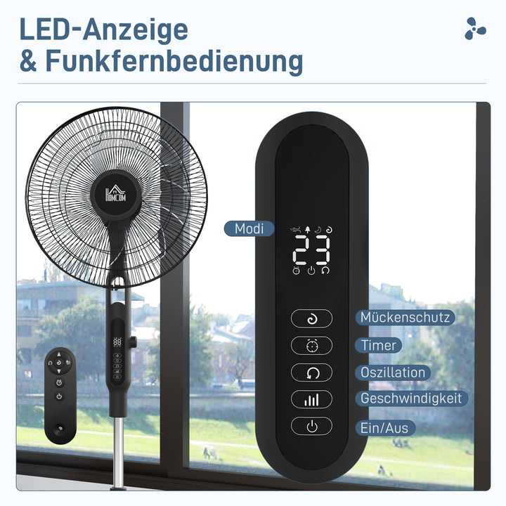 Stille piedestalventilator med fjernbetjening, 3 tilstande, 28 hastigheder, myggenet og oscillation, sort
