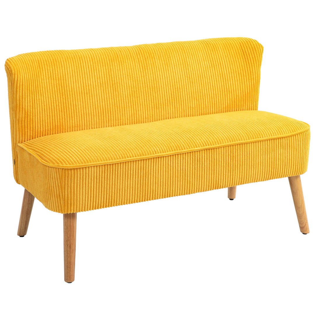 To-personers sofa, elegant skandinavisk design, massivt træstel, op til 150 kg, 117 x 56,5 x 77 cm, gul
