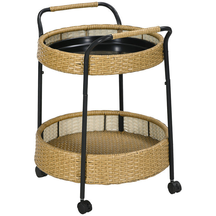 Udendørs serveringsvogn, 2 etager, bremser, polyrattan, metalramme, ø50 x 66h cm, gul