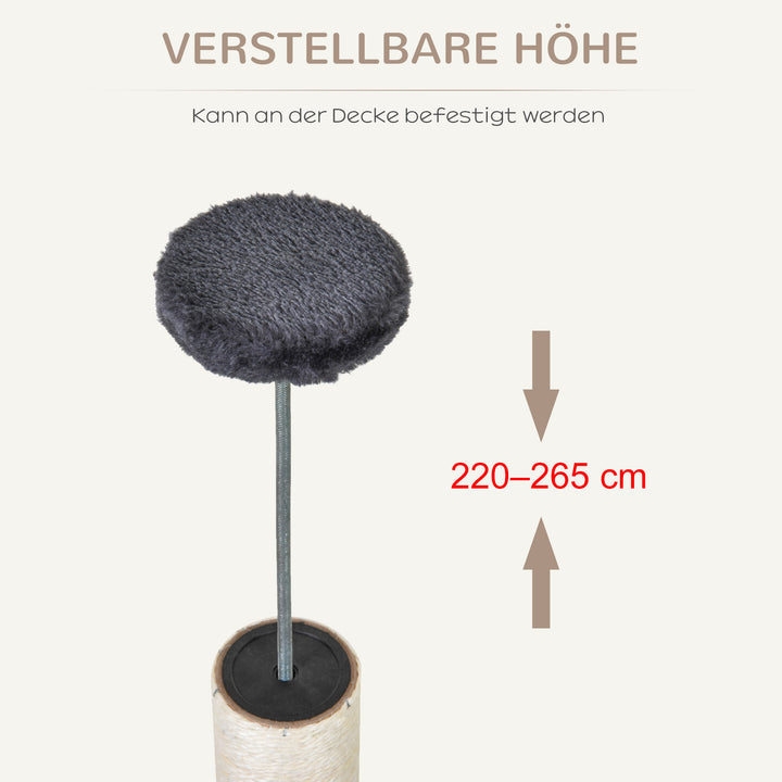 Lofthøjt kradsetræ, højde 220-265 cm, kradsetræ med legebolde, kattehule, hængekøje, sisalstolper, platforme, kradsetræ i flere niveauer til katte, klatretræ til mellemstore katte, mørkegrå