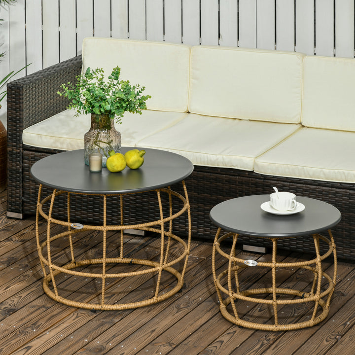 Sæt med 2 haveborde i boho-stil, vejrbestandige, stabelbare, 60 cm x 60 cm x 47 cm, naturlig + mørkegrå
