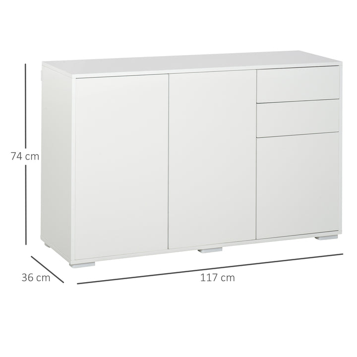 Skænk med skuffer, 2 skuffer, trykknaplukning, 117 cm x 36 cm x 74 cm, hvid