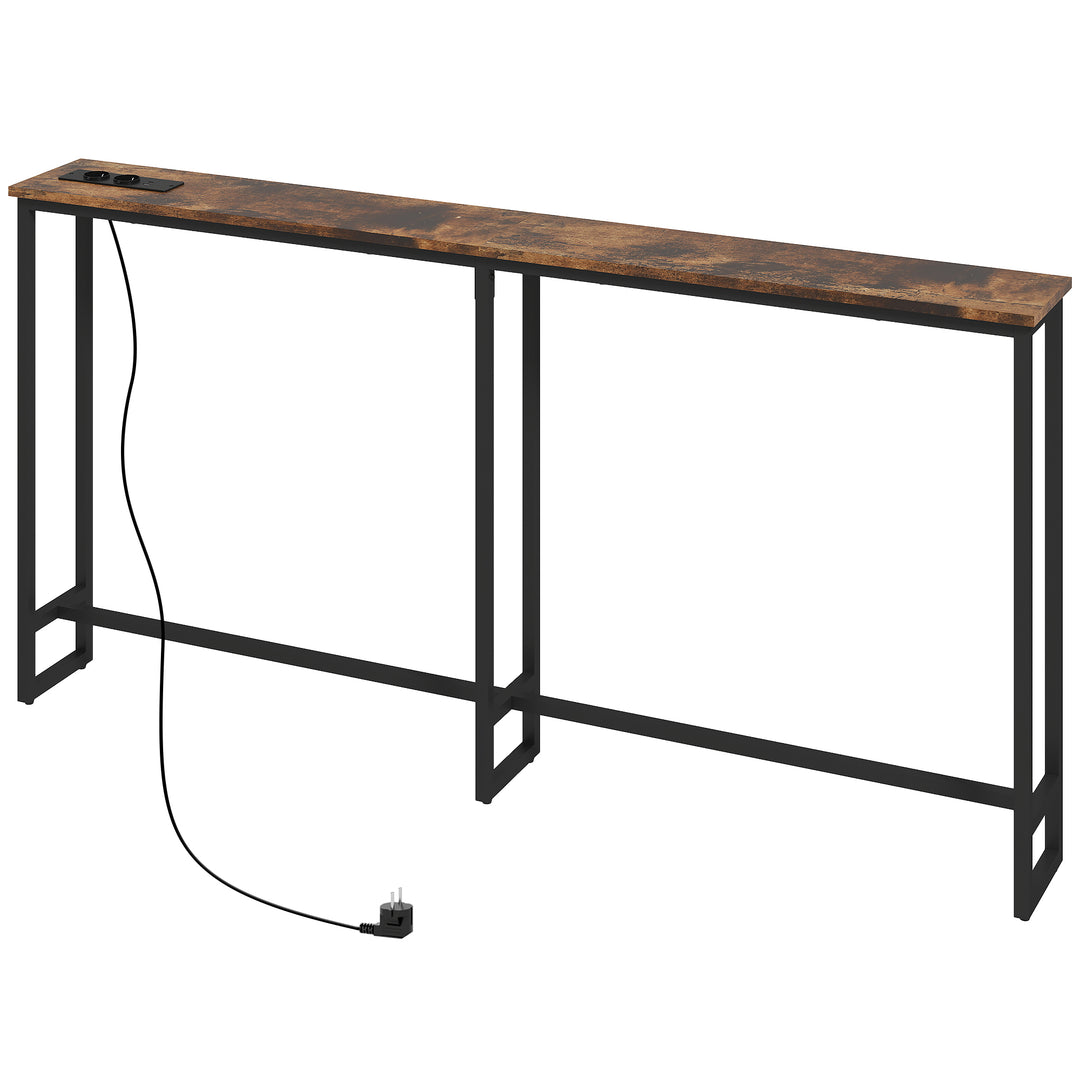 Slankt konsolbord med ladestation, industriel stil, stålstel, brun