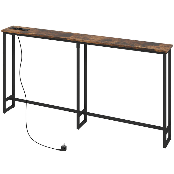 Slankt konsolbord med ladestation, industriel stil, stålstel, brun