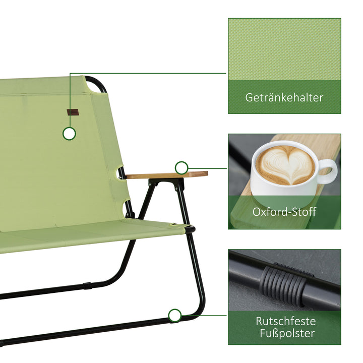 2-Personers foldbar campingstol med kopholder, 141 x 67 x 80 cm, grøn