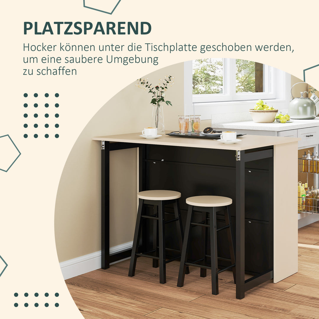 3-Delt barsæt, barbord med foldbar bordplade, 2 barstole, 6 opbevaringsrum, sort + eg, 116 x 70 x 89,5 cm
