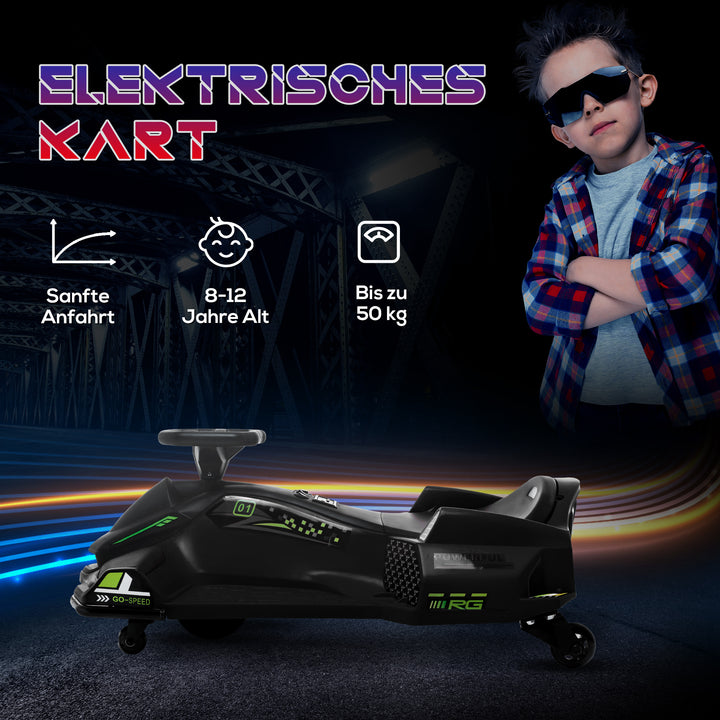Elektrisk gokart til børn, gummihjul, 3-8 km/t, med lys og musikfunktion, sort