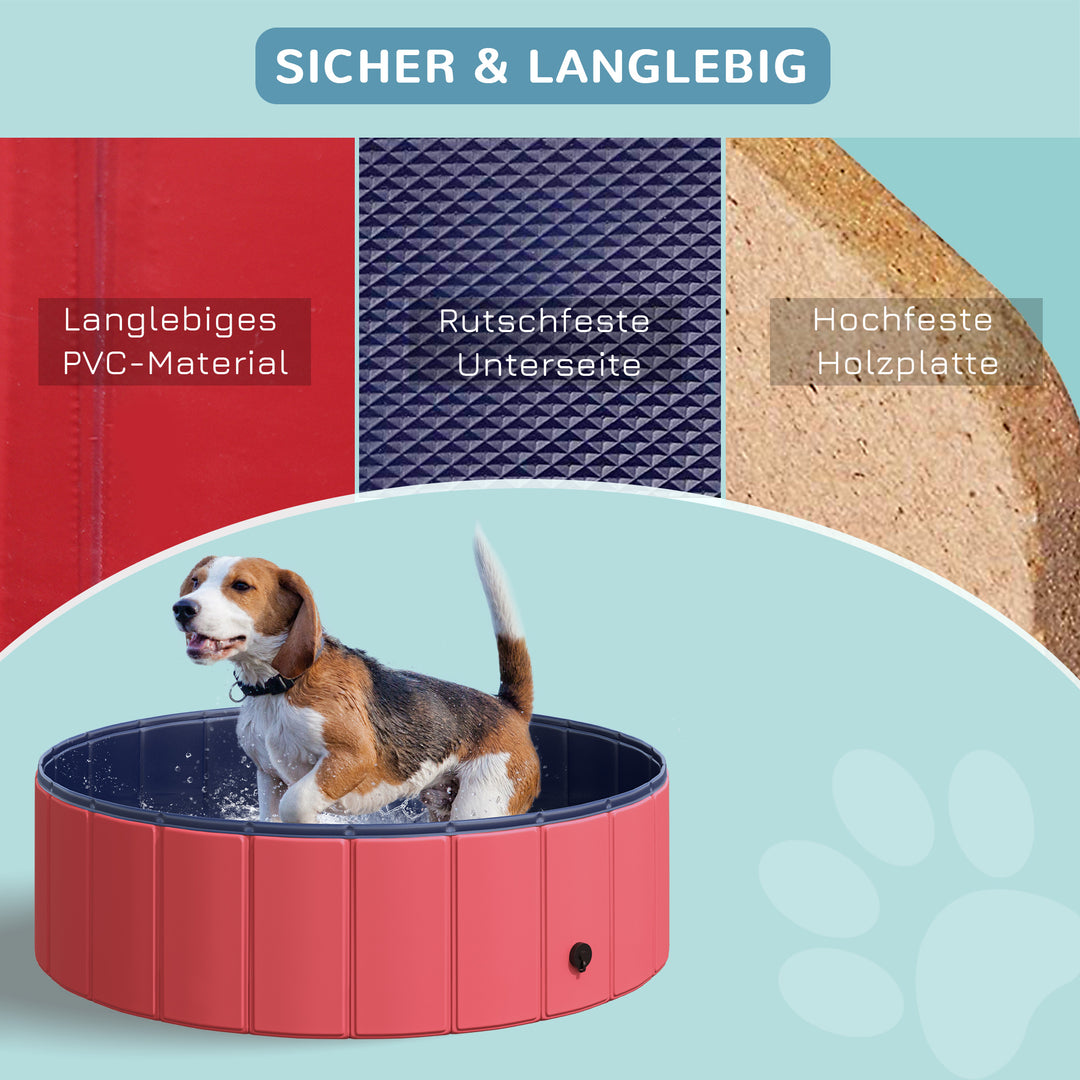 Sammenklappeligt hundebadekar, hundepool, swimmingpool, børnepool, badekar til hunde og katte, vandbassin af plastik og træ, Ø100 x H30 cm, rød