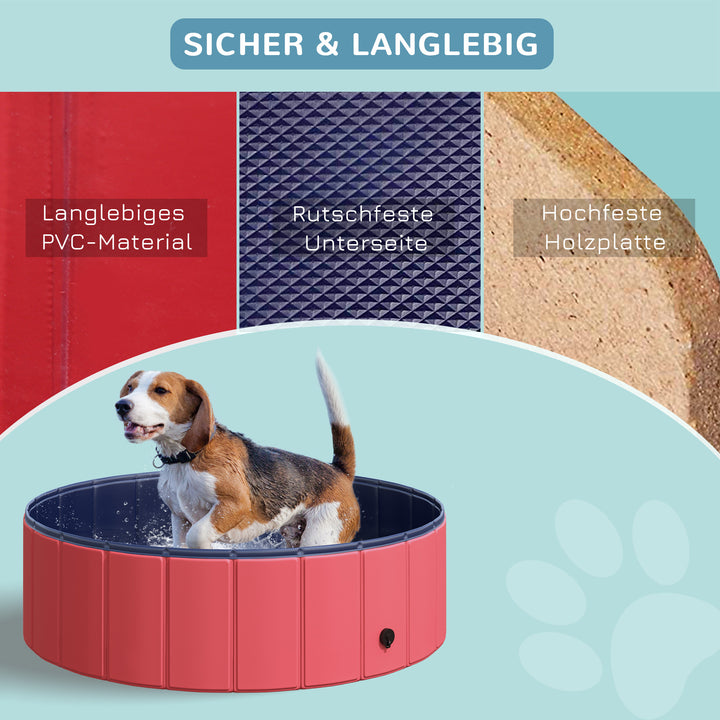 Sammenklappeligt hundebadekar, hundepool, swimmingpool, børnepool, badekar til hunde og katte, vandbassin af plastik og træ, Ø100 x H30 cm, rød