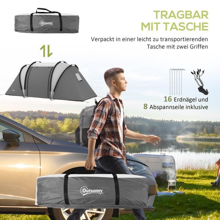 Campingtelt til 4-5 personer, let vandafvisende, familietelt med 3 værelser, sidedør, vindue, grå