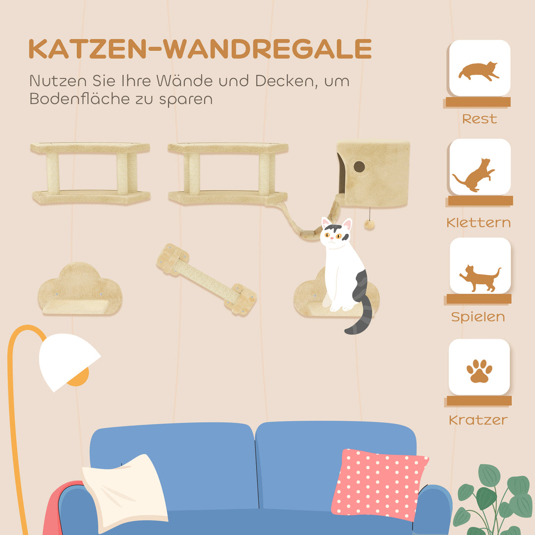 5-Delt klatresæt til katte med kradsetræer, hoppeplatforme, stige og hus, vægmonteret, beige