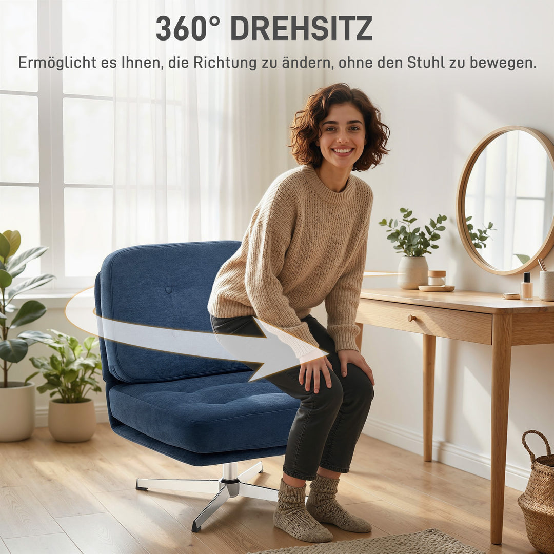 Drejelig accentstol, polstret læsestol med chenille, bredt sæde, fjerhynde og metalben, mørkeblå