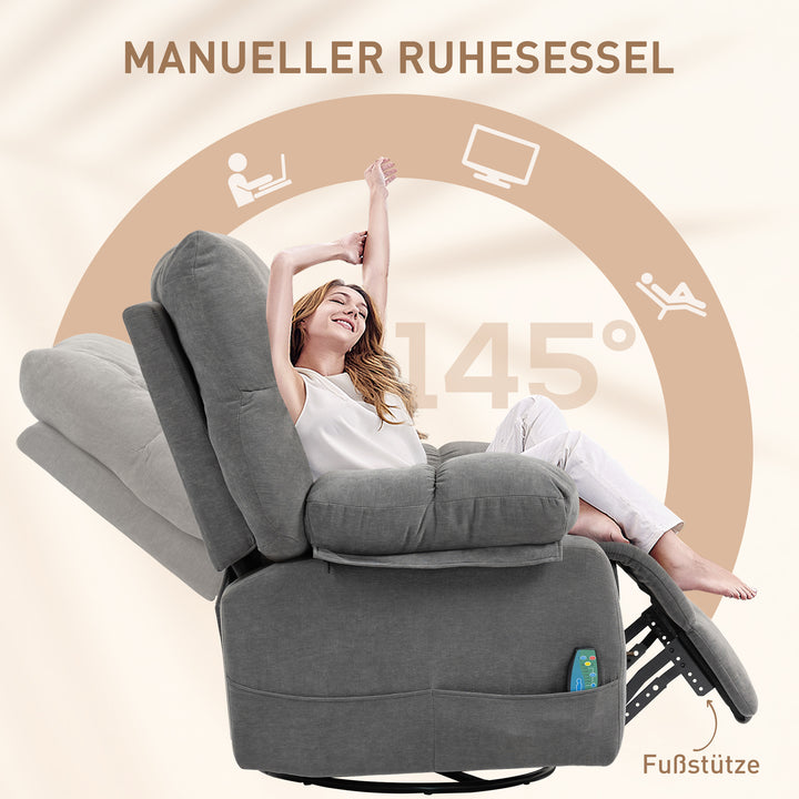Lænestol med massagefunktion, lænefunktion, drejelig massagestol, 4 sidelommer og fjernbetjening, mørkegrå