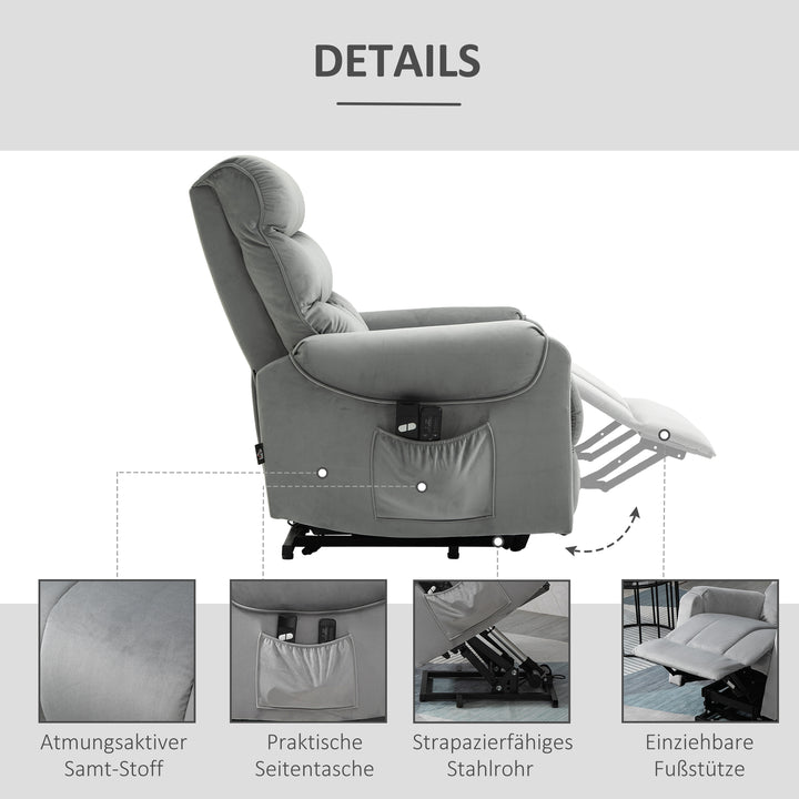 Stående lænestol tv-stol med sovefunktion elektrisk tv-stol med lænefunktion fløjl polyester metalskum lysegrå 79 x 97 x 103 cm