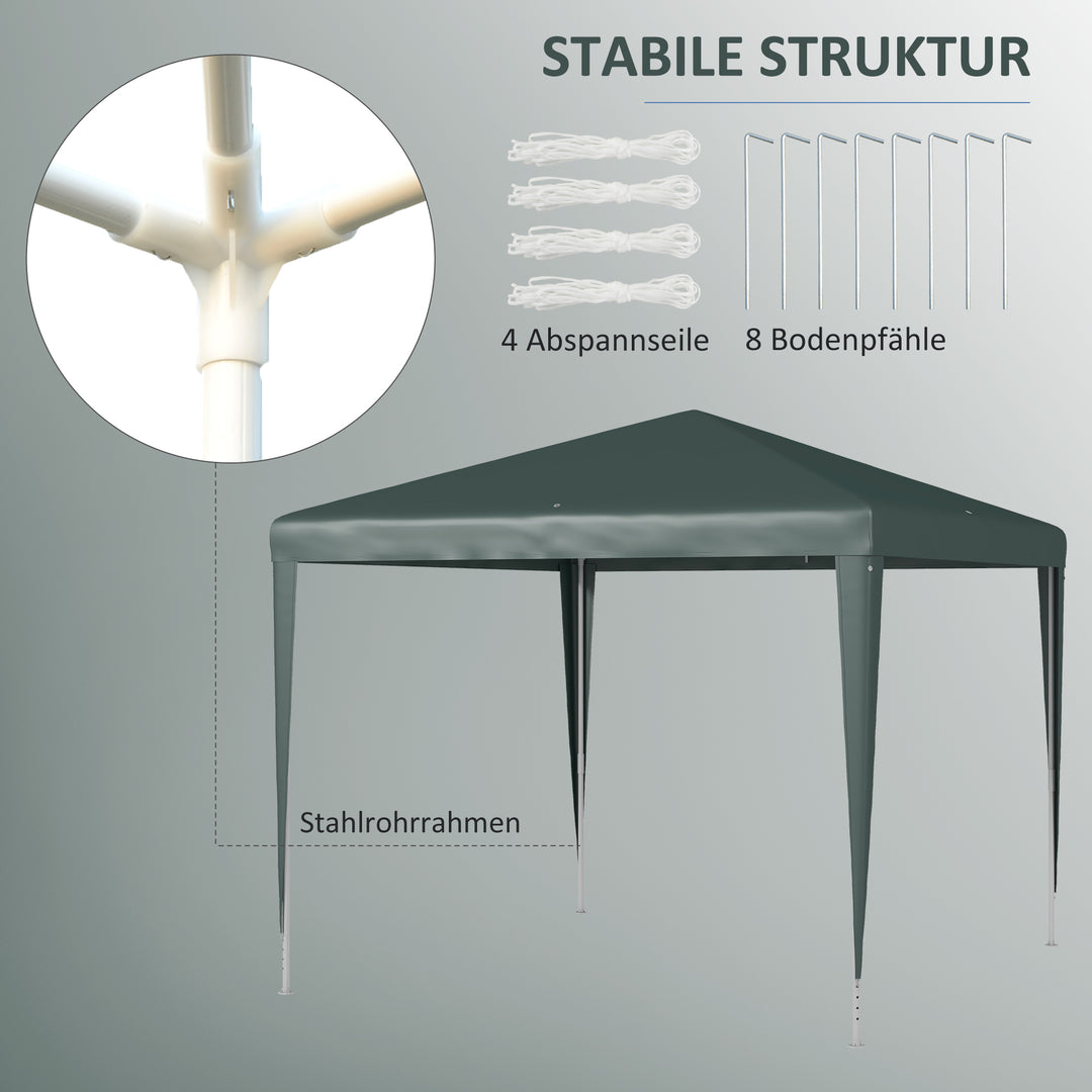 Pavillon 2,7x2,7m, hurtig montering med kliksystem, rustfri ramme, mørkegrøn