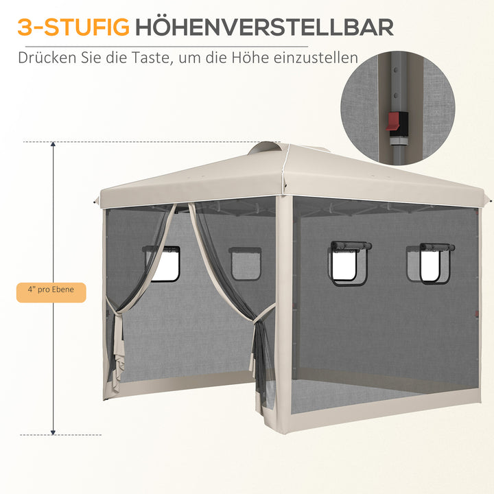Foldepavillon, højdejusterbar, netgardiner, bæretaske, metalramme, 3 x 3 x 3 m, beige