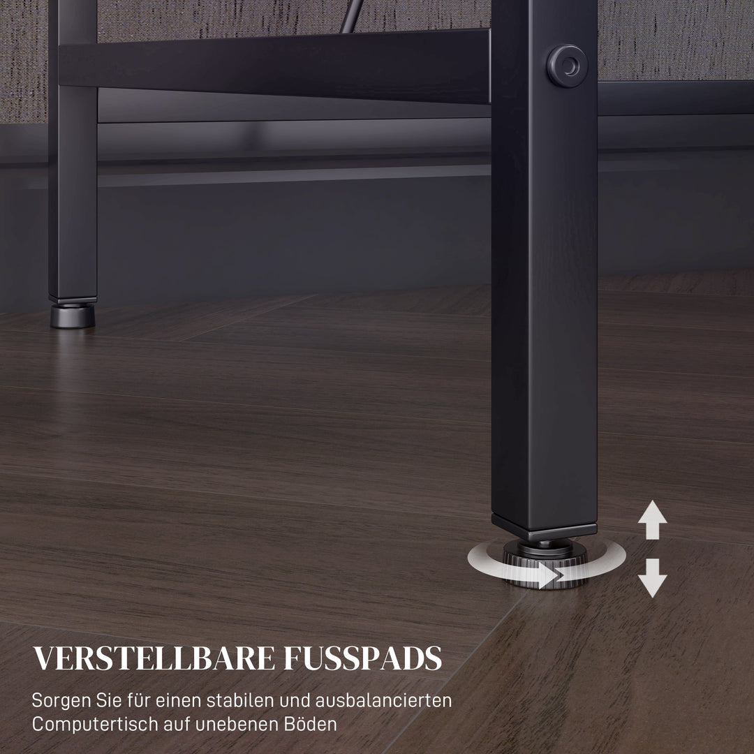 L-formet skrivebord med LED-belysning, stikkontakter, USB-porte, vendbart computerbord med hylde, 107 x 80 x 90 cm, sort