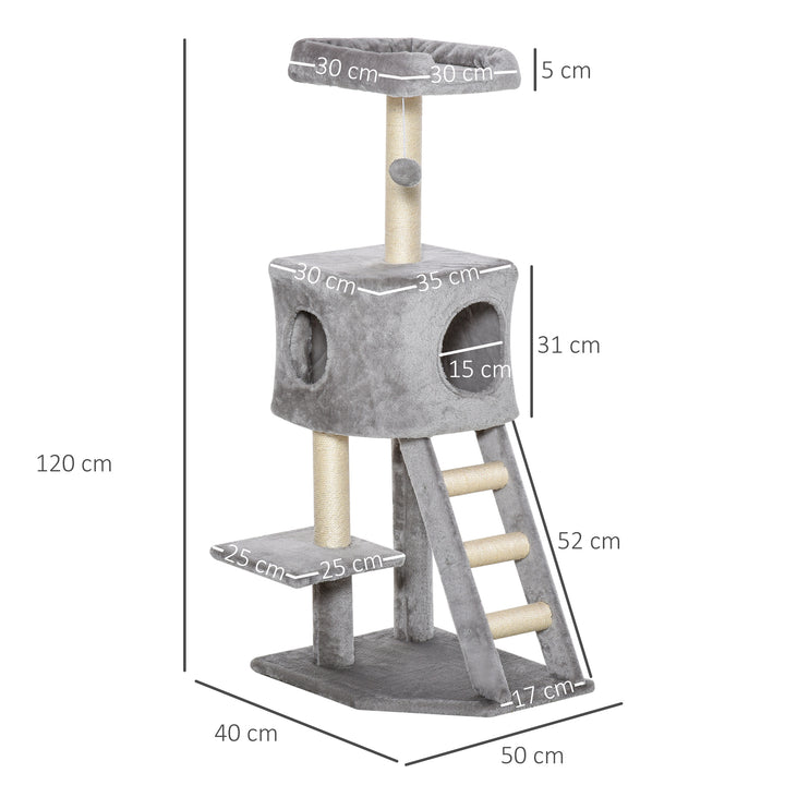 Kradsetræ 120 cm kattetårn med hule, legebold, sisalstolper, platform, trappe, kradsetræ i flere niveauer til katte, klatretræ til katte, lysegrå