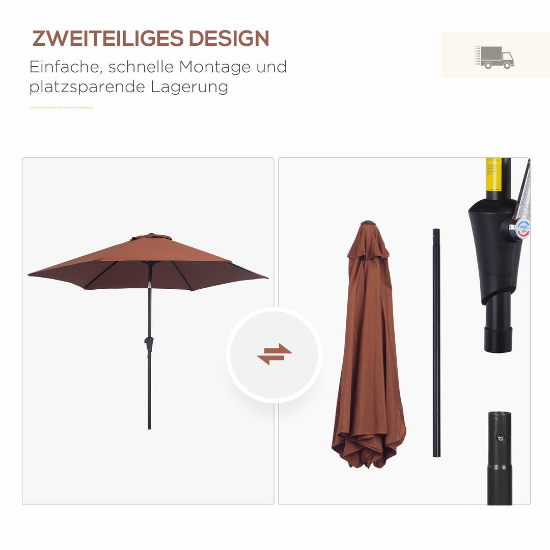 Sammenklappelig parasol, haveparasol, markedsparasol med håndsving, aluminium, 180 cm, polyester, stål, kaffefarvet, Ø2,6 x 2,35 m