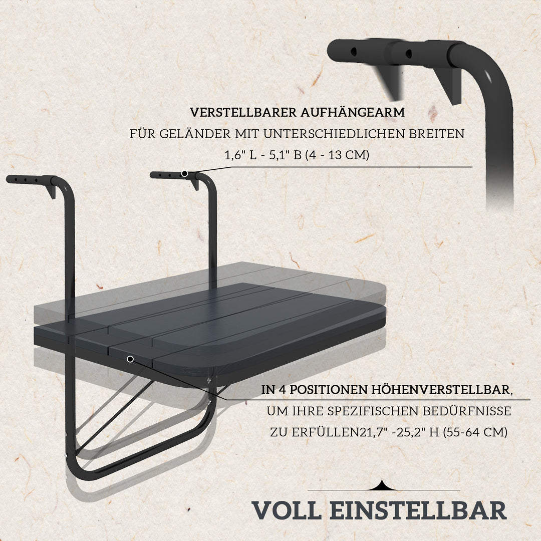Hængebord til altan, foldbart, højdejusterbart, aluminiumsstel, plastikbordplade, trælook, sort