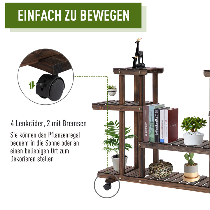Blomstertrappe 6 hylder 4 hjul 123,5 cm × 33 cm × 80 cm massivt træ brunt 123,5 cm × 33 cm × 80 cm