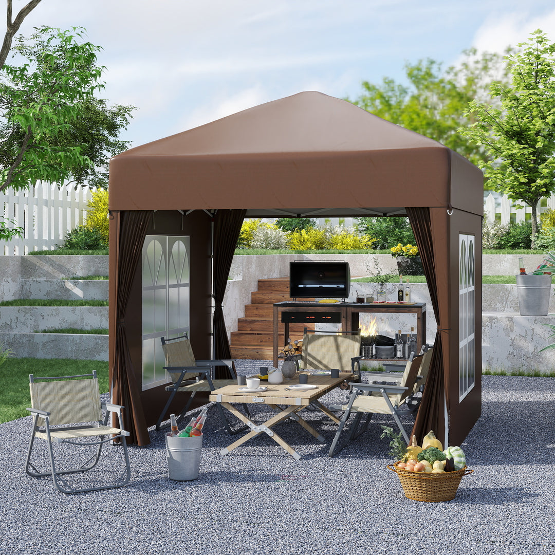 Pop-up-pavillon, øltelt, 4 aftagelige sidevægge, 2 vinduer, metalramme, 2 x 2m, brun