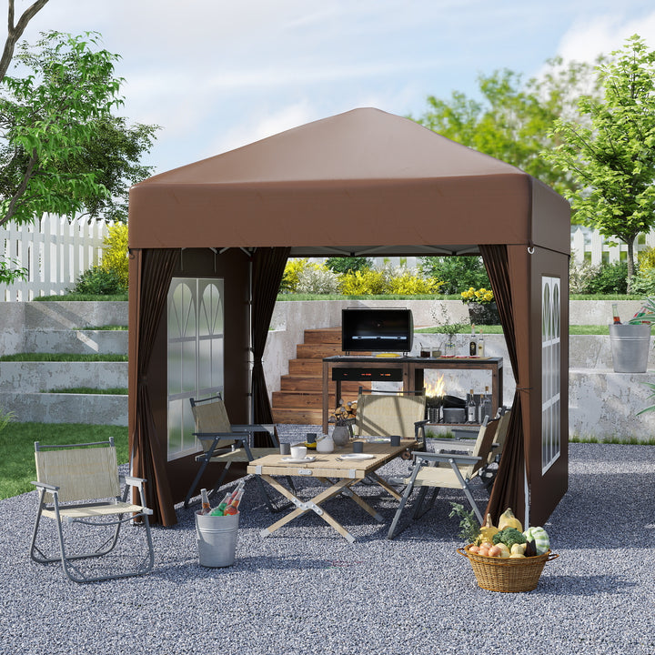 Pop-up-pavillon, øltelt, 4 aftagelige sidevægge, 2 vinduer, metalramme, 2 x 2m, brun