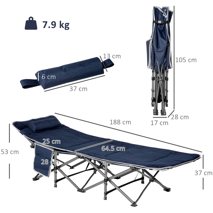 Campingseng, foldbar feltseng med pude, 188 x 64,5 x 53 cm, mørkeblå