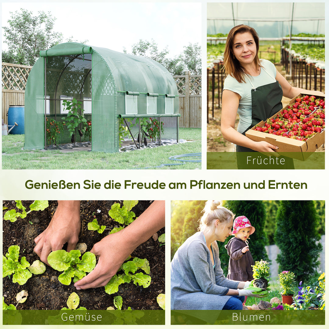Polytunnel drivhus, 6 rullevinduer, lynlåsdør, ramme i rustfrit stål, 2,95 x 2 x 2 m, grøn