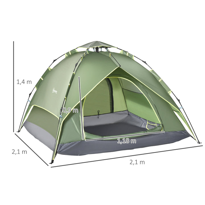 Dobbelttelt, campingtelt, udendørstelt, familietelt, hurtigopsætningstelt, 2 voksne + 1 barn, 4 sæsoner, vandtæt, bæretaske, 2 døre, polyester + glasfiber, mørkegrøn, 210 x 210 x 140 cm