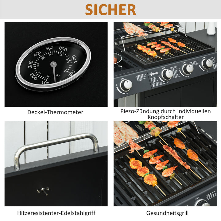 Gasgrill med 3 hovedbrændere + 1 sidebrænder, opbevaringshylde, rustfrit stål, sort, 110 x 50 x 100 cm