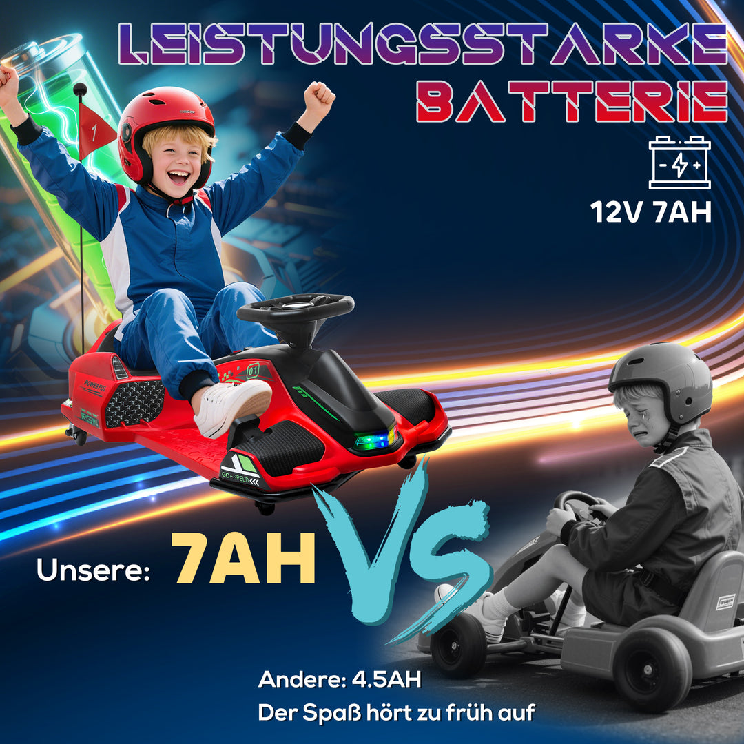 Elektrisk gokart til børn, gummihjul, 3-8 km/t, med lys og musikfunktion, rød
