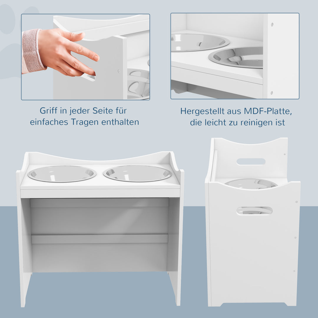 Foderstation til hunde, 2 skåle i rustfrit stål, højdejusterbar, 54x31,5x47cm, hvid