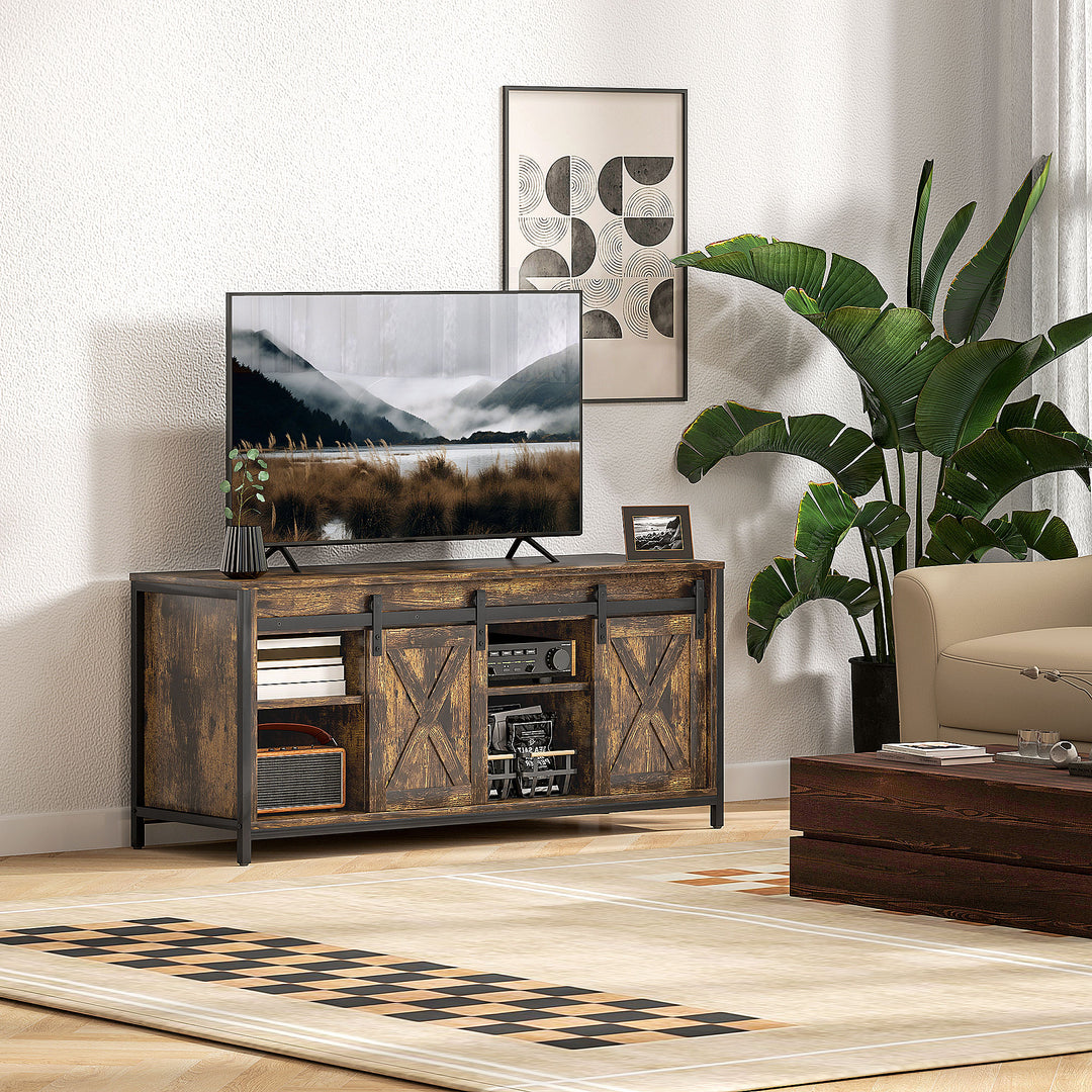 TV-lavbord, industrielt design, til 60" TV, 6 rum, 2 skydelåger, brun/sort