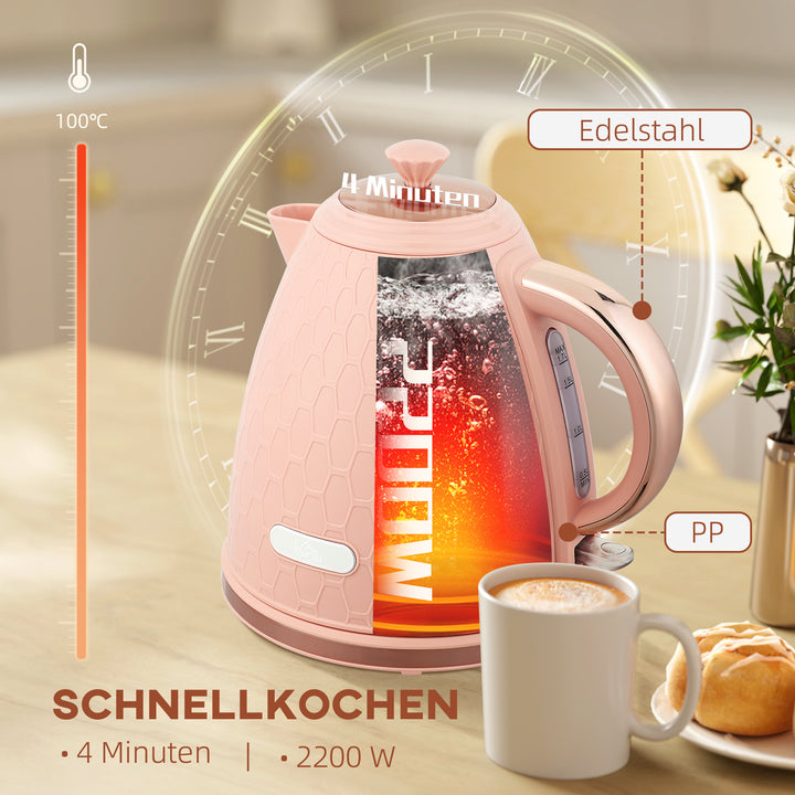 Elkedel, 1,7L, hurtigkogningsfunktion, 2,2kW, ledningsfri med aftageligt antikalkfilter, lyserød