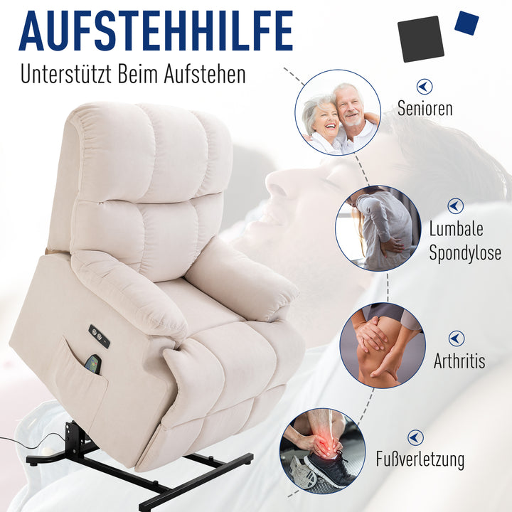 Lænestol med ståstøtte, massagestol, afslappende stol med usb-port, tv-stol med fjernbetjening, sidelomme, lænestol med fløjlslook, beige