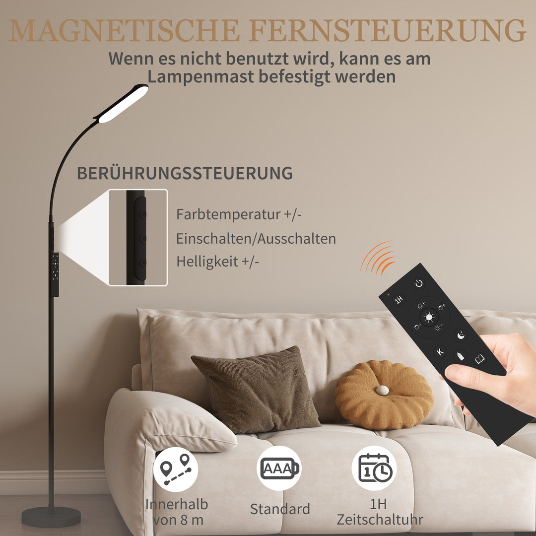 LED-gulvlampe, dæmpbar, med fjernbetjening, 360° svanehals, sort