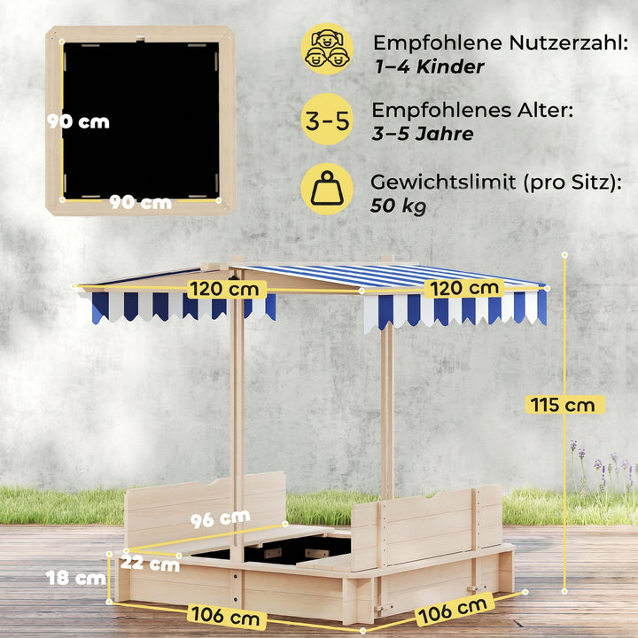 Børnesandkasse 106x106 cm, højdejusterbar, blåt låg