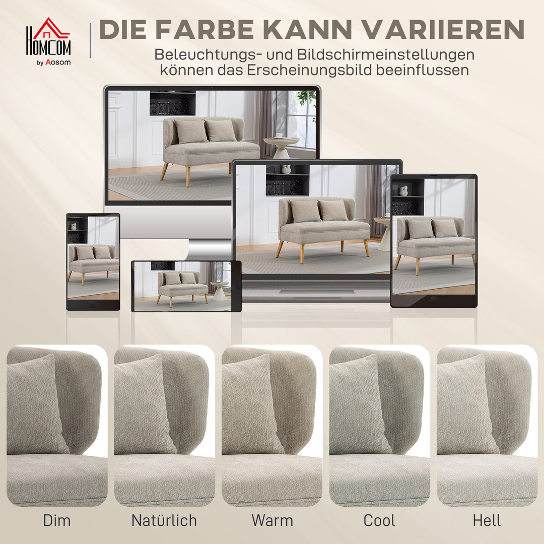 2-personers sofa, lille chenillesofa med ryglæn, tykt sæde, gummitræfødder, beige