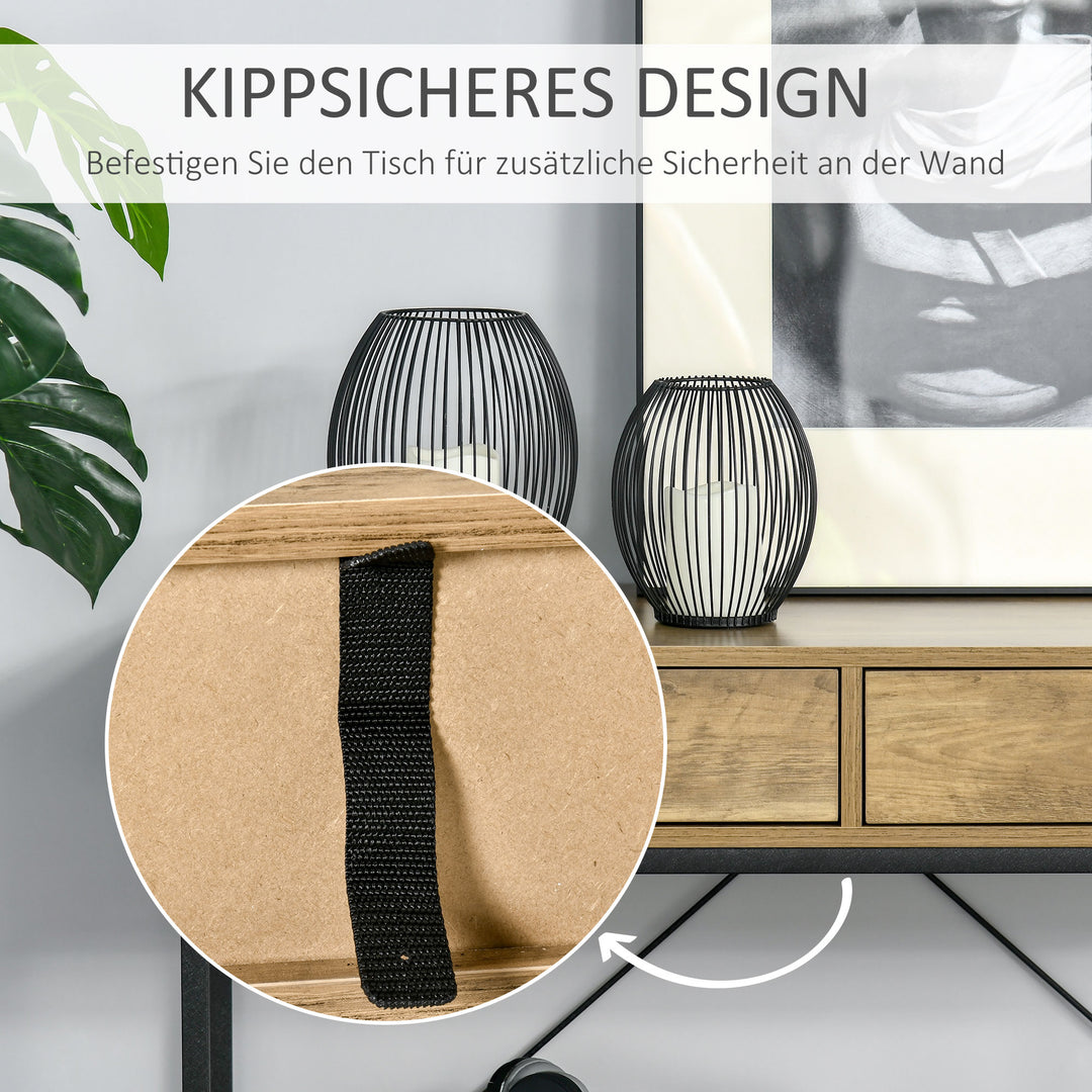 Konsolbord entrebord med hylde og 2 skuffer, 100 x 35 x 76,5 cm sidebord sofabord udstillingsbord til lille rum, entré, entre, stue brun+sort